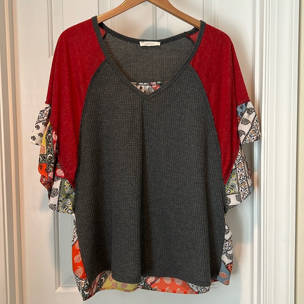 Entro women’s waffle, weave and multi handkerchief print top